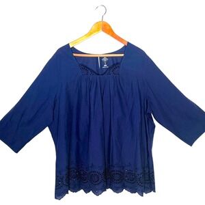 St Johns Bay Plus Size‎ Tunic Top Eyelet Embroidered Size 2X Blue Scallop Hem